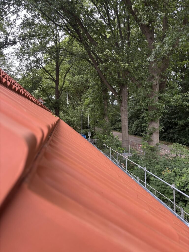 Detail van de nok met rode dakpannen